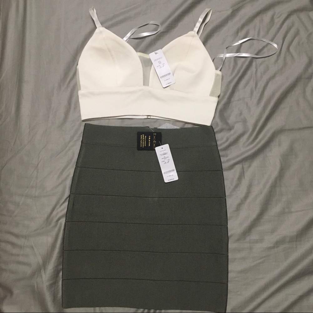 Bebe Bandage Skirt and Mesh Inset Bra Top